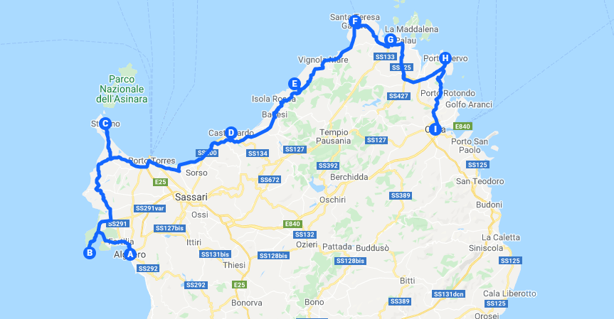 Itinerary northern coast sardinia